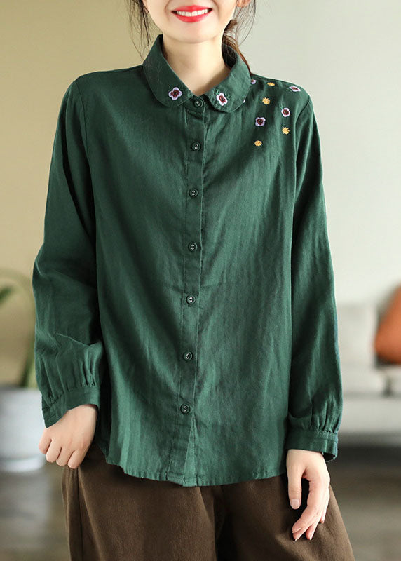 Green Slim Fit Cotton Blouse Top Peter Pan Collar Embroidered Spring