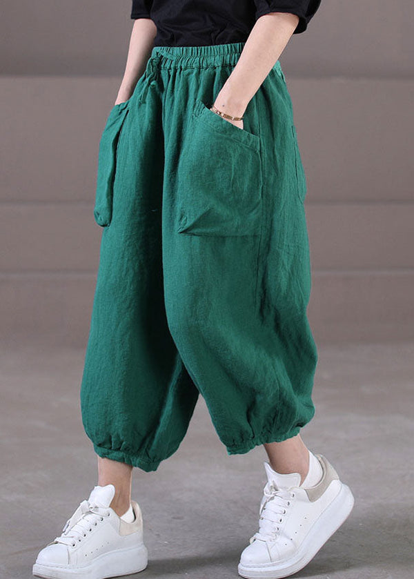 Green Solid Color Linen Crop Pants Wrinkled Big Pockets Summer