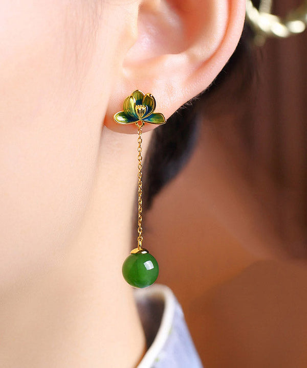 Green Sterling Silver Jade Cloisonne Lotus Tassel Drop Earrings