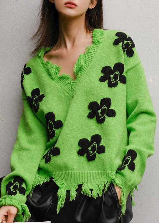 Green V Neck Print Thick Knit Sweater Fall