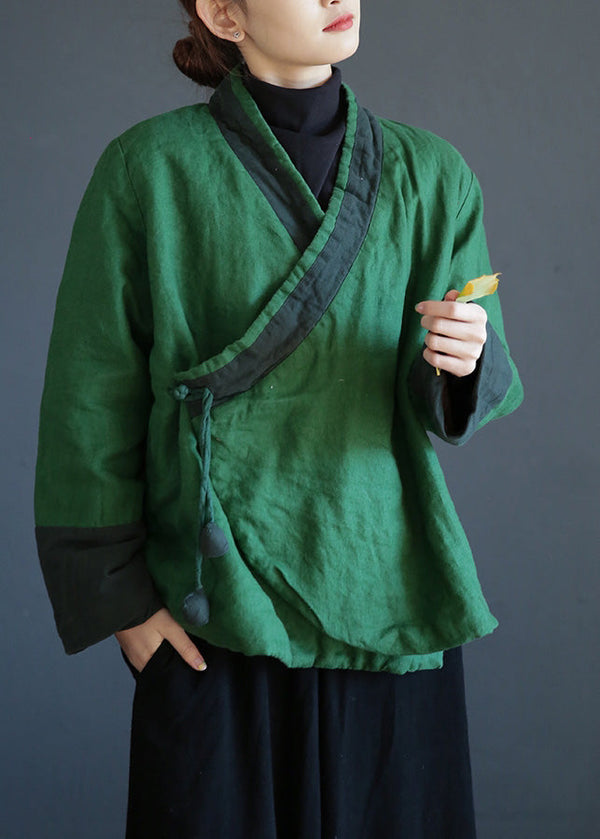 Green V Neck Tie Waist Warm Fleece Linen Parka Winter