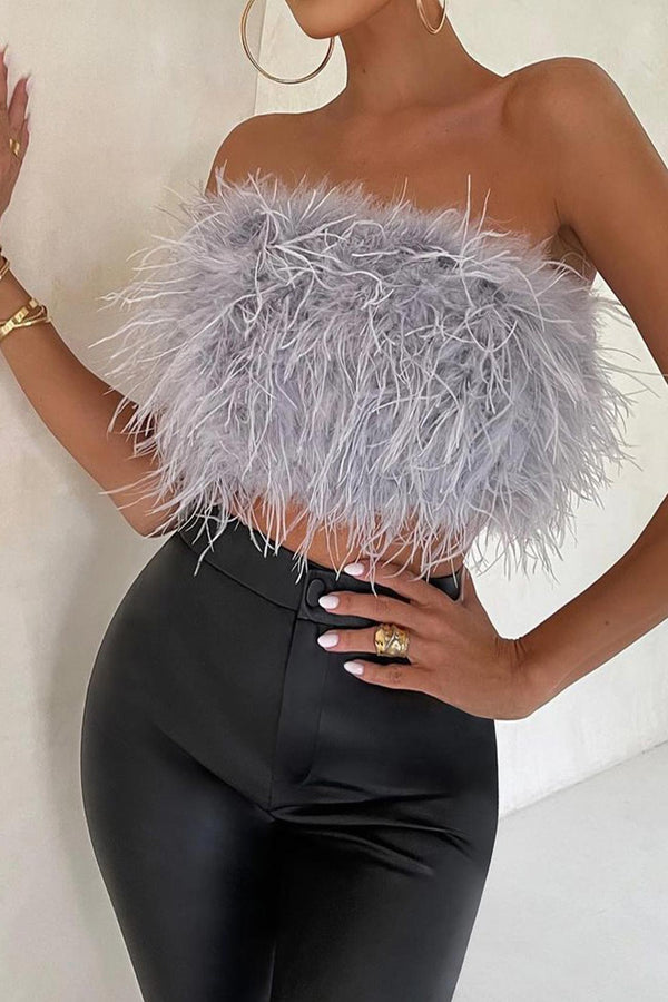 Solid Fuzzy Strapless Crop Top