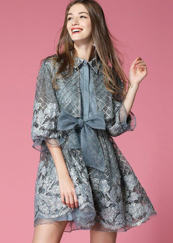 Grey Organza Vacation Dress Embroidered Hollow Out Spring