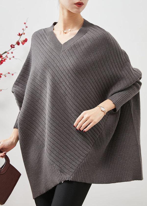 Grey Patchwork Knitted Tops Oversized Batwing Sleeve