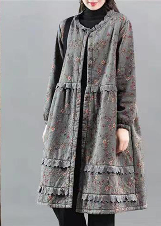 Grey Print Patchwork Warm Fleece Coats Lace Button Fall