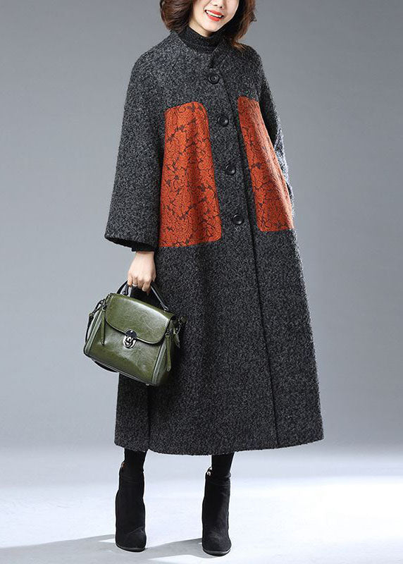 Grey Print Woolen Trench Coats Button Side Open Winter