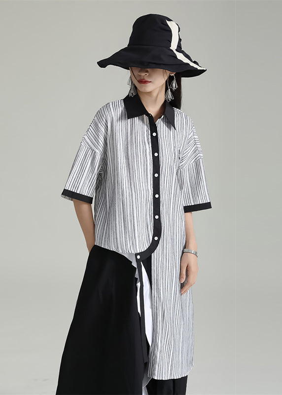 Grey Striped Patchwork Cotton Shirt Tops Asymmetrical Summer