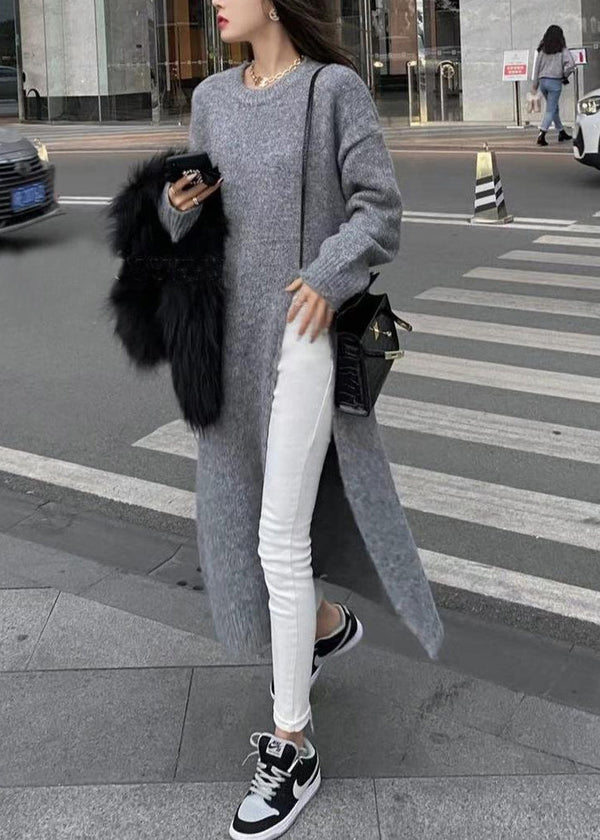 Grey Thick Patchwork Knit Sweaters Dress O Neck Side Open Fall