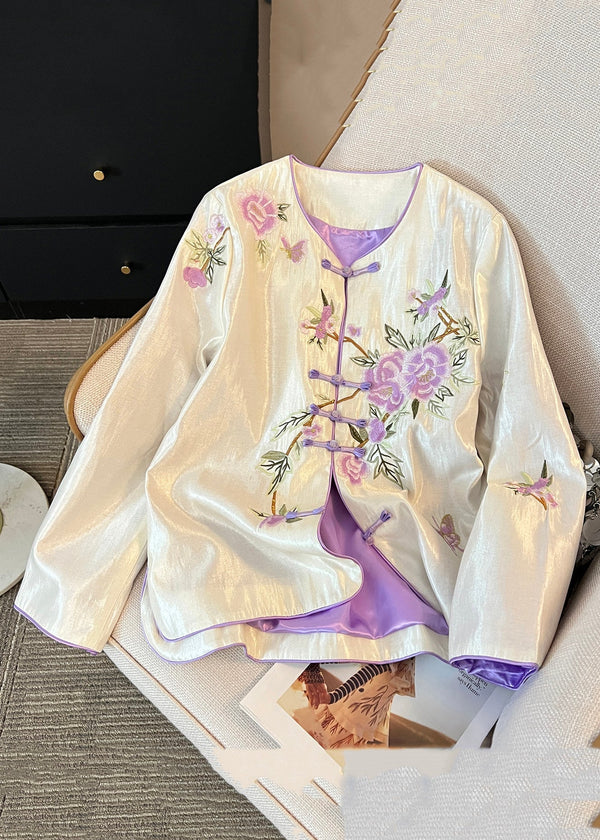 Handmade Apricot Embroidered Button Silk Coats Fall