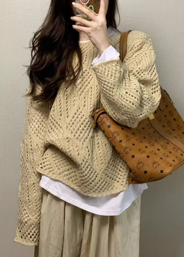 Handmade Apricot Hollow Out Knit Sweater Fall