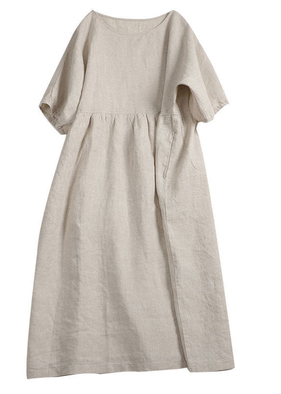 Handmade Apricot Solid O-Neck Wrinkled Patchwork Linen Dress Summer