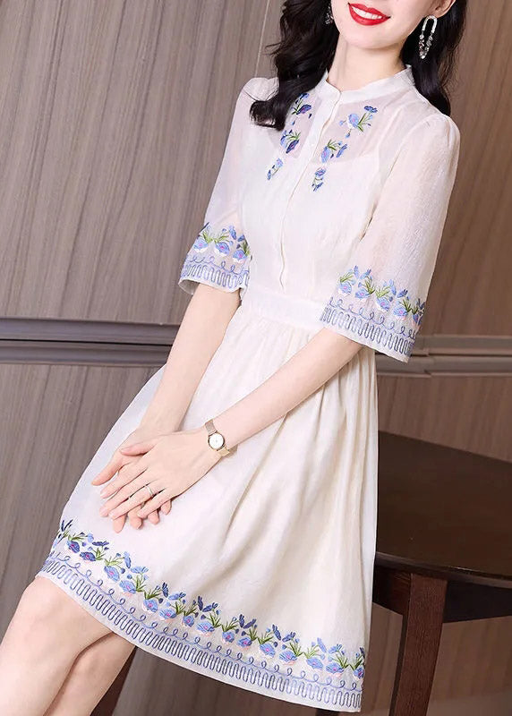 Handmade Apricot Stand Collar Embroidered Floral Slim Mid Dress Short Sleeve