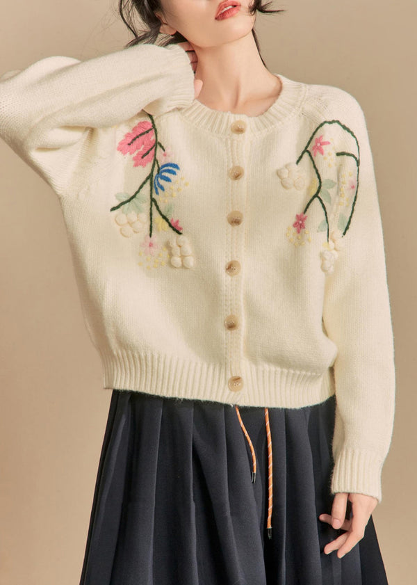 Handmade Beige Embroidered Button Knit Cardigans Winter