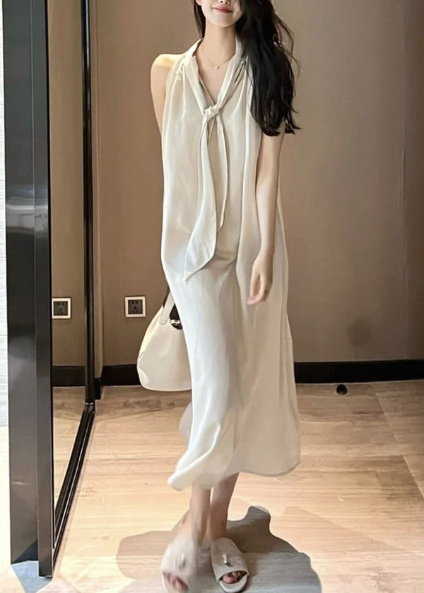 Handmade Beige Neck Tie Holiday Chiffon Maxi Dress Sleeveless