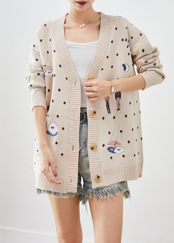 Handmade Beige Oversized Cartoon Print Knit Cardigan Fall