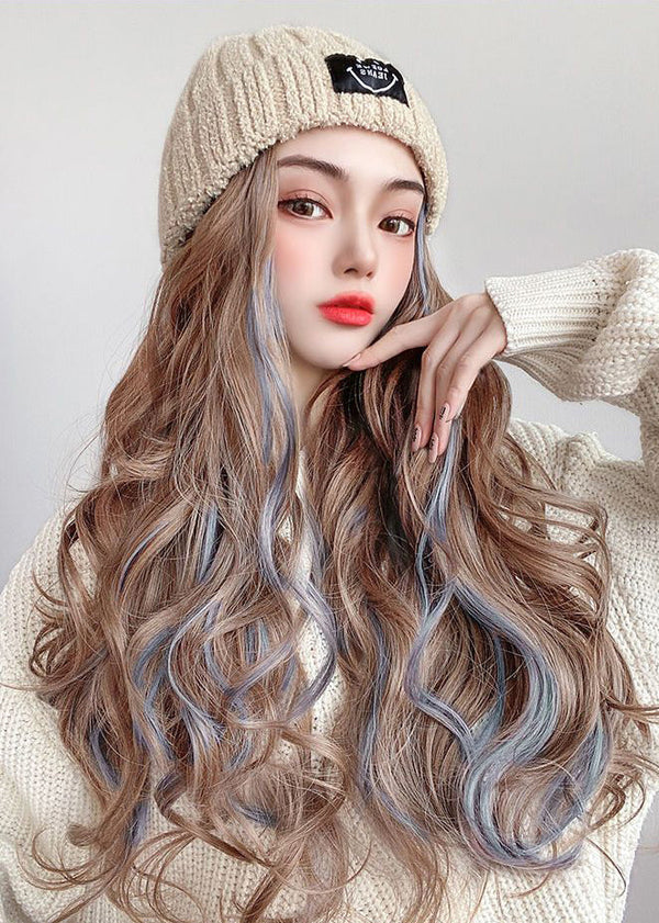 Handmade Beige Patchwork Gradient Color Long Curly Hair Knit Wig Hat