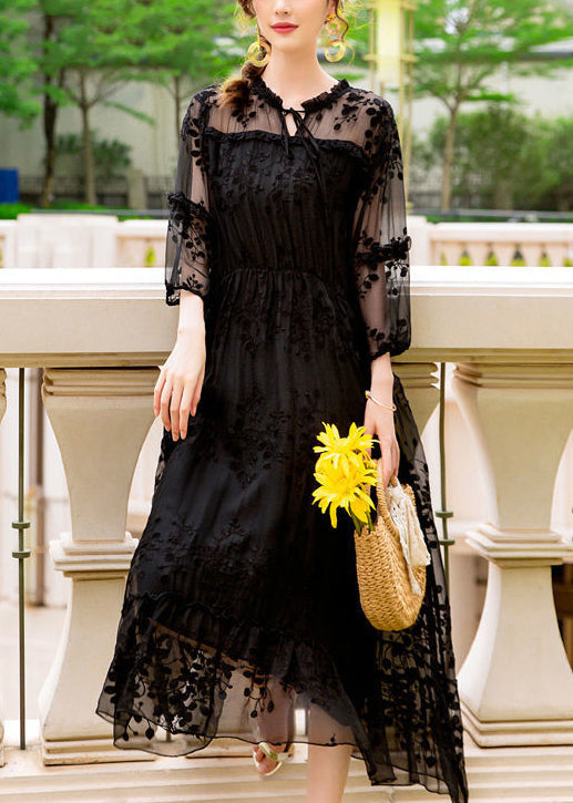 Handmade Black Embroidered Hollow Out Silk Dress Summer