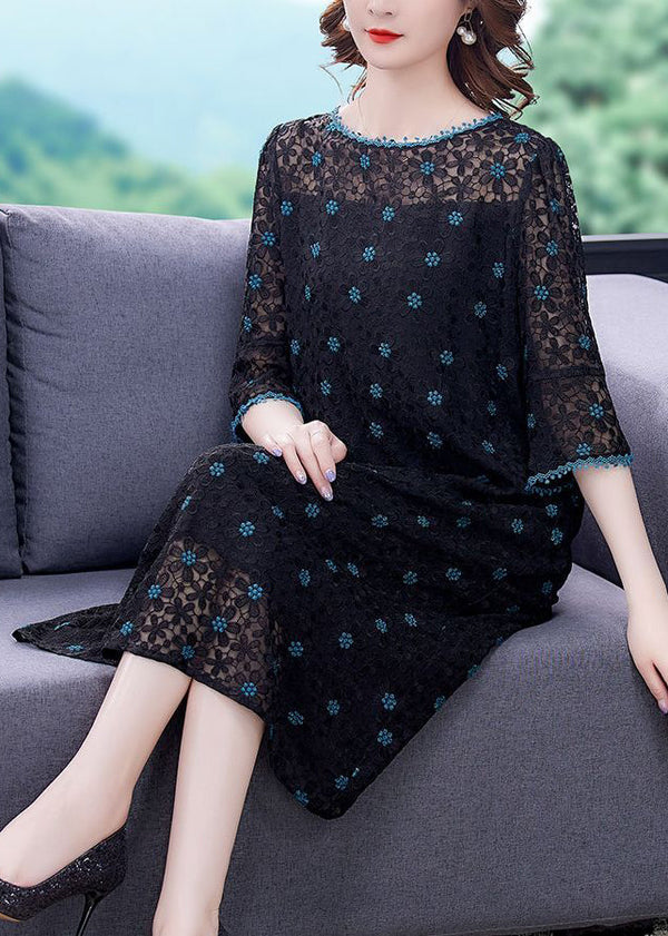 Handmade Black Embroidered Hollow Out Silk Maxi Dresses Flare Sleeve