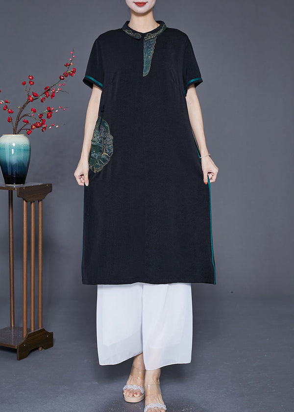 Handmade Black Embroidered Patchwork Silk Long Dresses Summer