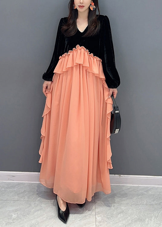 Handmade Black Pink Ruffled Velour Patchwork Chiffon Dresses Fall