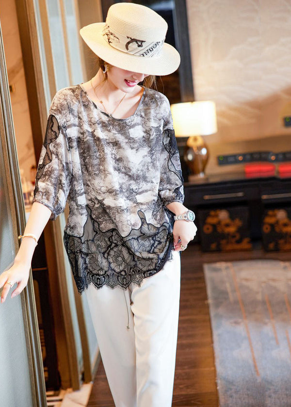 Handmade Black Print Patchwork Lace Chiffon Blouses Summer