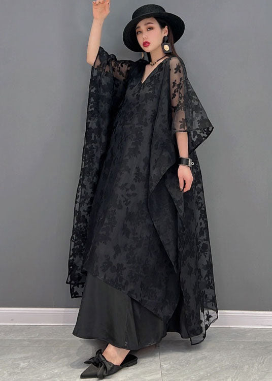 Handmade Black V Neck Embroidered Asymmetrical Design Silk Tulle Long Dress Batwing Sleeve