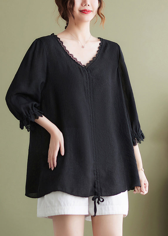 Handmade Black V Neck Patchwork Cotton Tops Half Sleeve