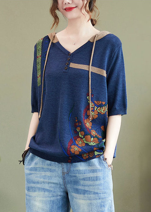 Handmade Blue Hooded Print Knit Top Half Sleeve