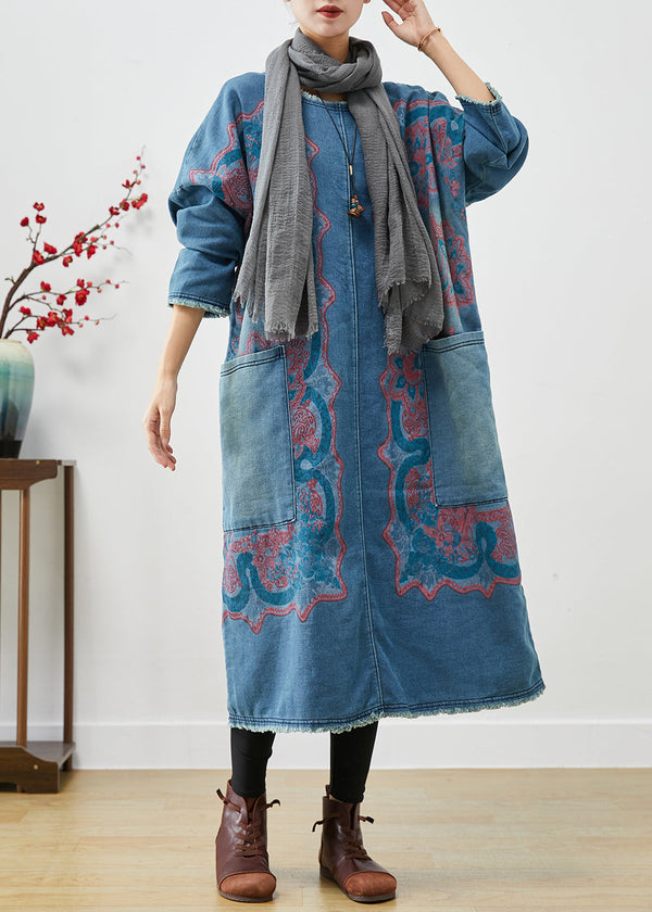 Handmade Blue Oversized Print Denim Dress Fall