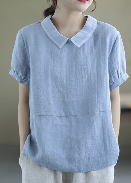 Handmade Blue Patchwork Solid Ramie T Shirt Summer