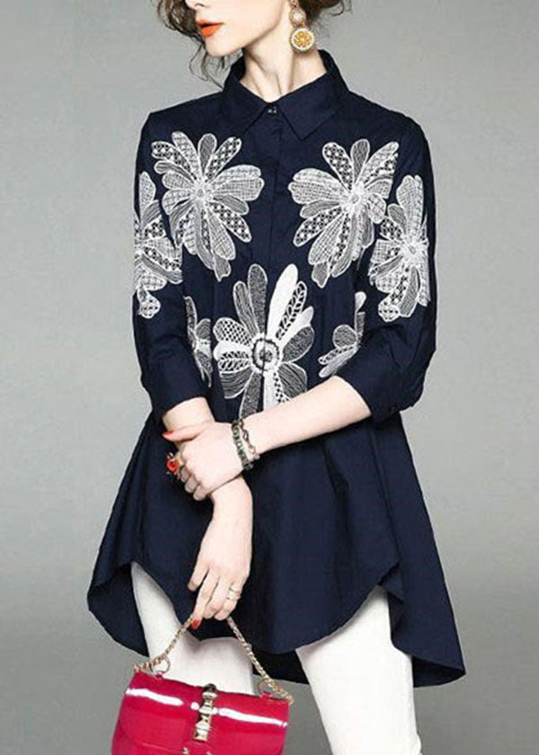 Handmade Blue Peter Pan Collar Embroidered Asymmetrical Design Cotton Long Shirt Half Sleeve