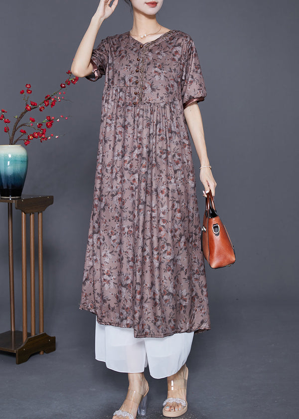 Handmade Brown Embroidered Print Button Cotton Dress Summer