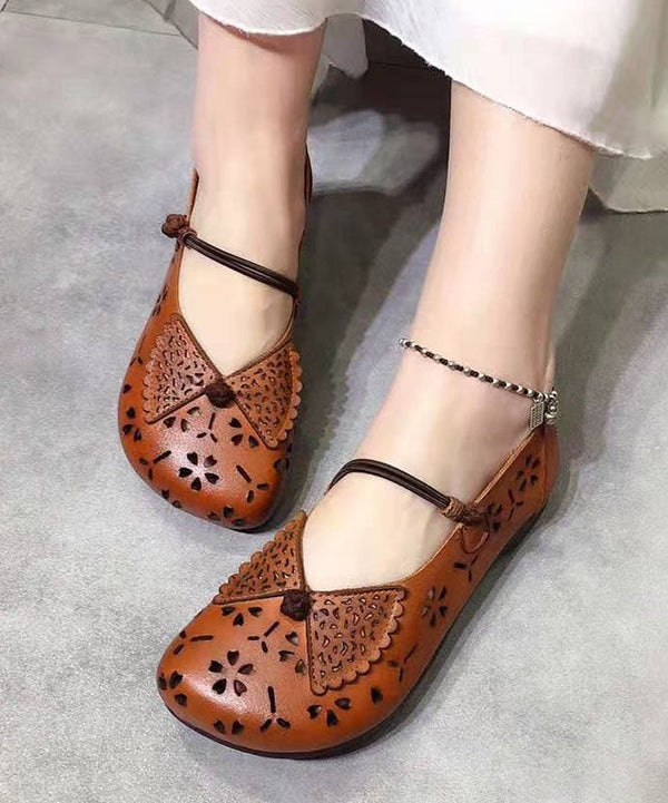 Handmade Brown Hollow Out Flats Buckle Strap Flat Feet Shoes