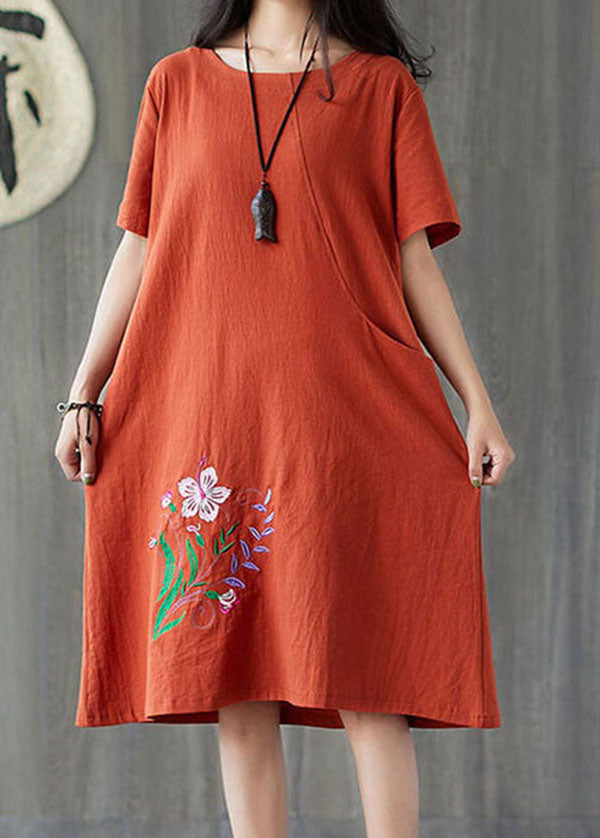 Handmade Caramel O-Neck Embroidered Pocket Cotton Mid Dress Short Sleeve