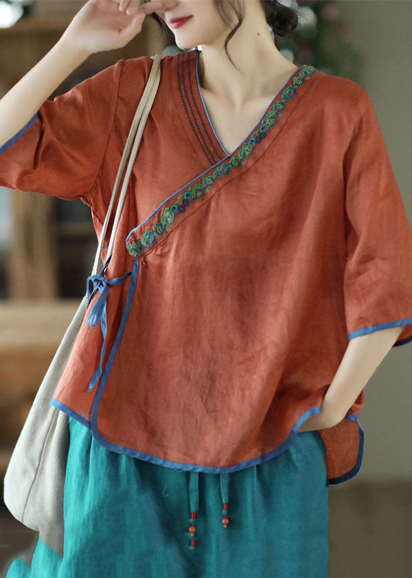 Handmade Caramel V Neck Embroidered Tie Waist Linen Top Half Sleeve