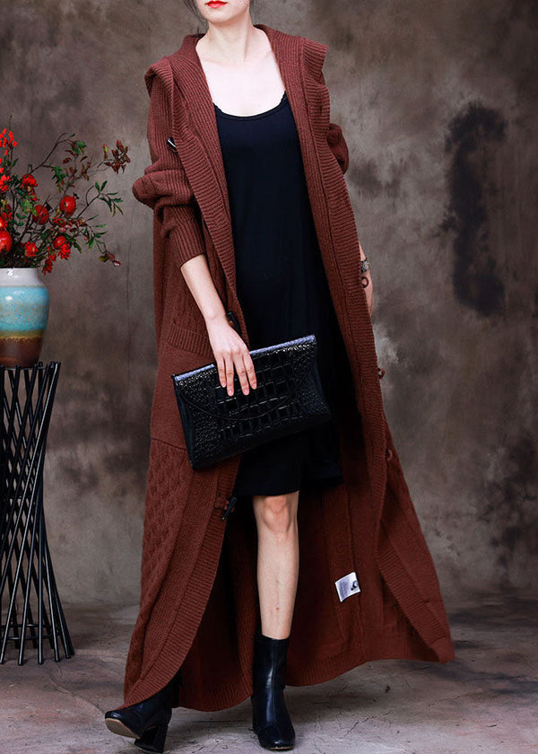 Handmade Chocolate Hooded Pockets Horn Buckle Cable Knit Coat Long Sleeve