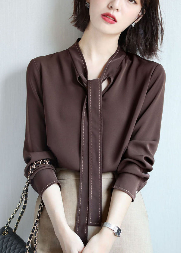 Handmade Chocolate Stand Collar Embroidered Ribbon Chiffon Shirts Long Sleeve