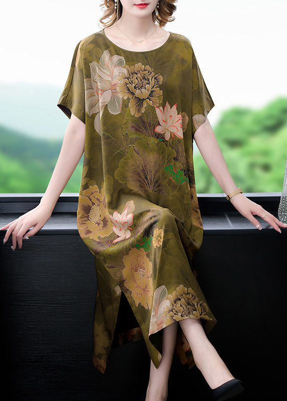 Handmade Grass Green Oversized Print Side Open Silk Dresses Summer