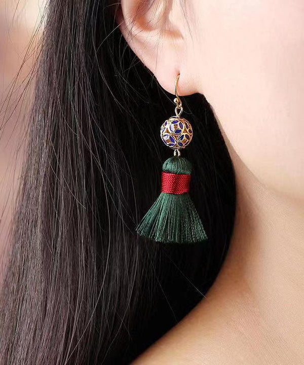 Handmade Green Copper Cloisonne Silk Thread Drop Earrings