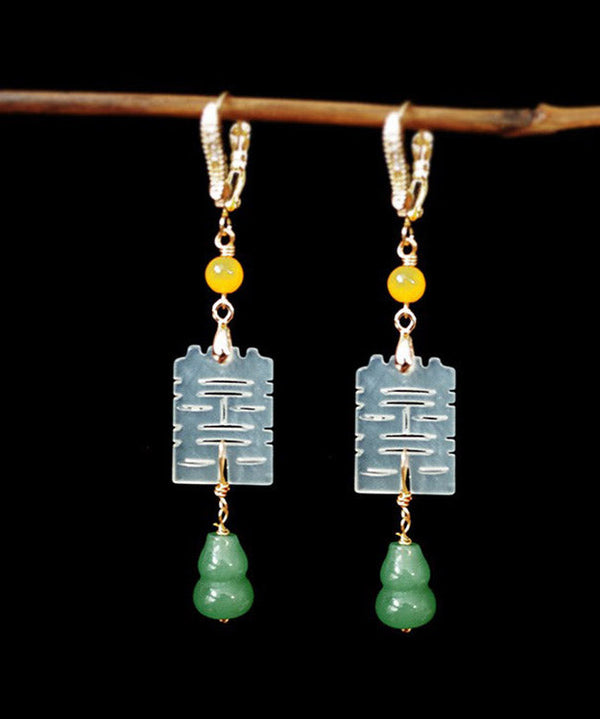 Handmade Green Copper Overgild Jade Pearl Graphic Drop Earrings