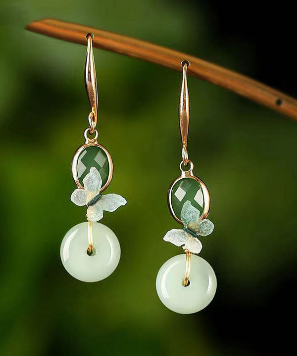 Handmade Green Jade Butterfly Patchwork Silver Drop Earrings