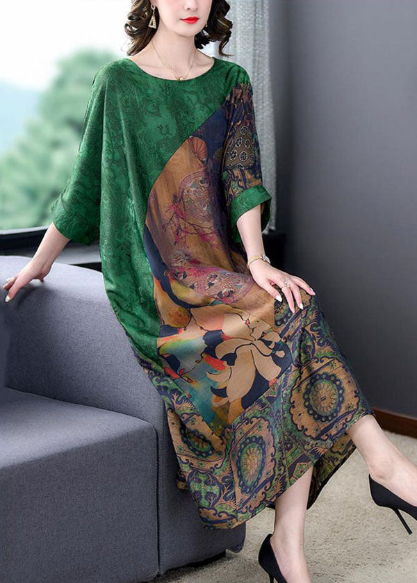 Handmade Green O Neck Print Patchwork Silk Long Dress Summer