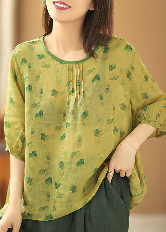 Handmade Green O-Neck Wrinkled Tie Dye Print Linen Blouse Tops Bracelet Sleeve