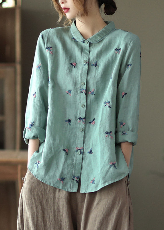 Handmade Green Peter Pan Collar Embroidered Linen Shirts Long Sleeve