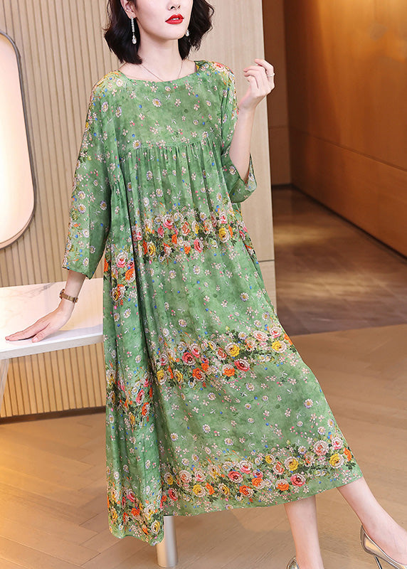 Handmade Green Print Wrinkled Patchwork Silk Long Dress Long Sleeve