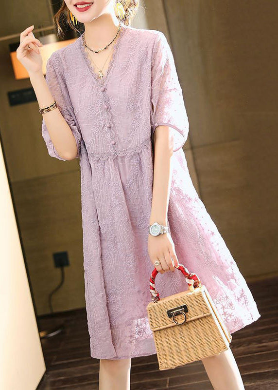 Handmade Light Purple V Neck Embroidered Lace Dresses Summer