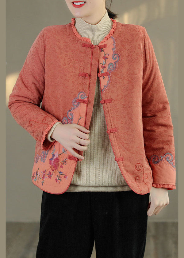 Handmade Orange Embroidered Patchwork Fine Cotton Filled Coat Outwear Spring