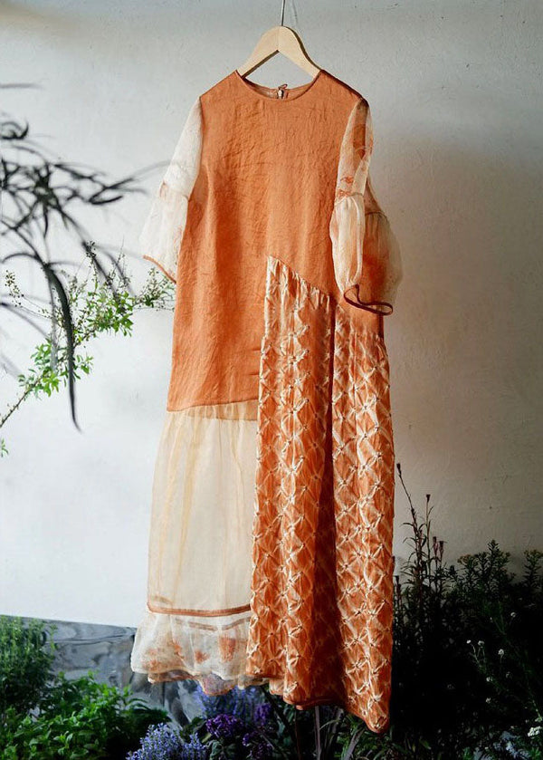 Handmade Orange O Neck Wrinkled Patchwork Cotton Dress Summer