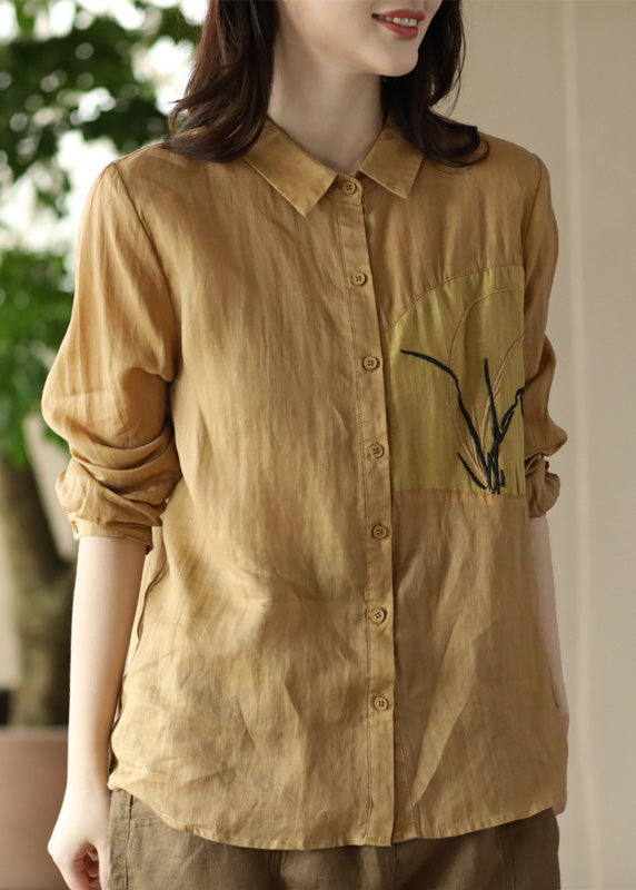 Handmade Peter Pan Collar Embroidered Button Ramie Shirts Long Sleeve