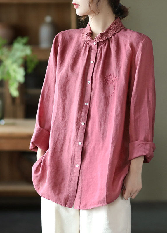 Handmade Pink Embroidered Lace Patchwork Linen Shirts Long Sleeve